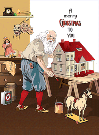 Vintage Christmas Card: Santa Painting Dollhouse