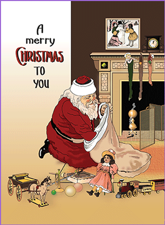 Vintage Christmas Card: Santa Unpacking His Sack