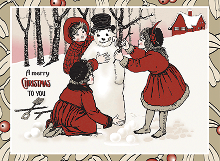Vintage Christmas Card: Girls Making Snowman