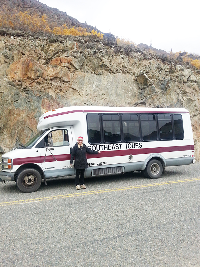 Brenda Wilbee and her bus Big Red. Klondike Highway, Yukon, CA