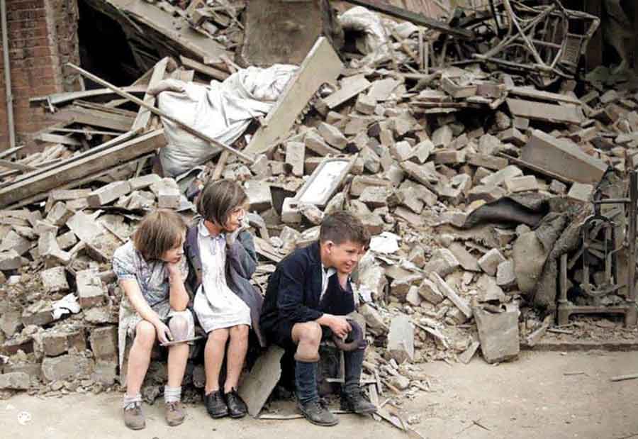 Children Outside Their Bombed House